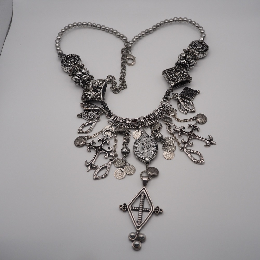 Necklace Bib Charm Coin Cross Fringe Boho Statement Silver Tone Tribal Matinee